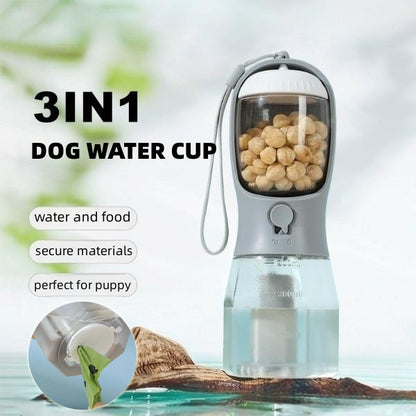 3-in-1 Portable Pet Travel Bottle – Water, Food & Waste Bag Cup