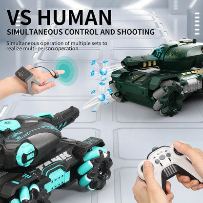 RC Tank Water Bullets Bomb - Dive into Fun Interactive Battles with 2.4G 4WD Remote Control and Induction Hand Movement.