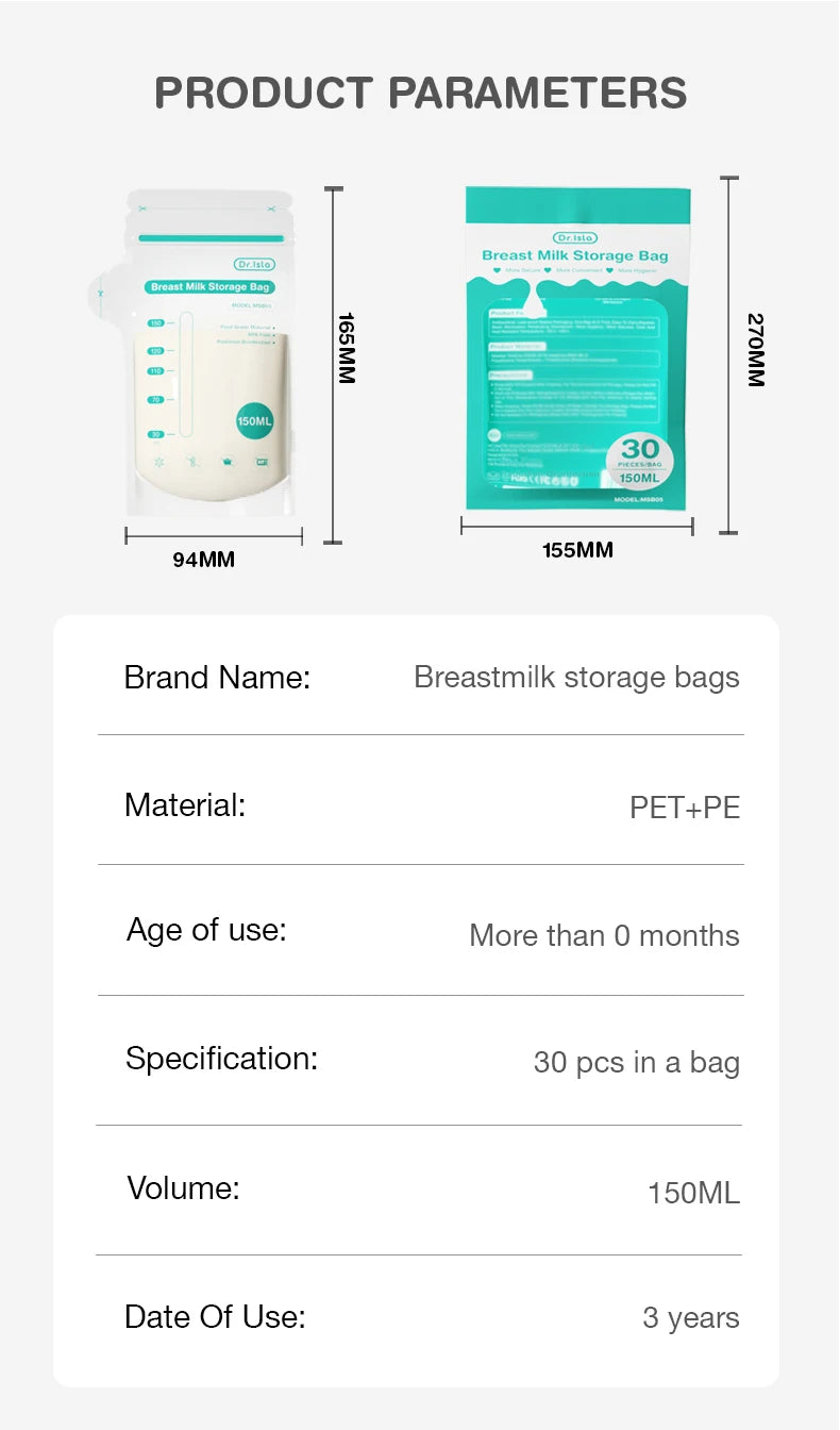 30Pcs Breast milk storage bag Disposable :  150ml capacity -BPA Free