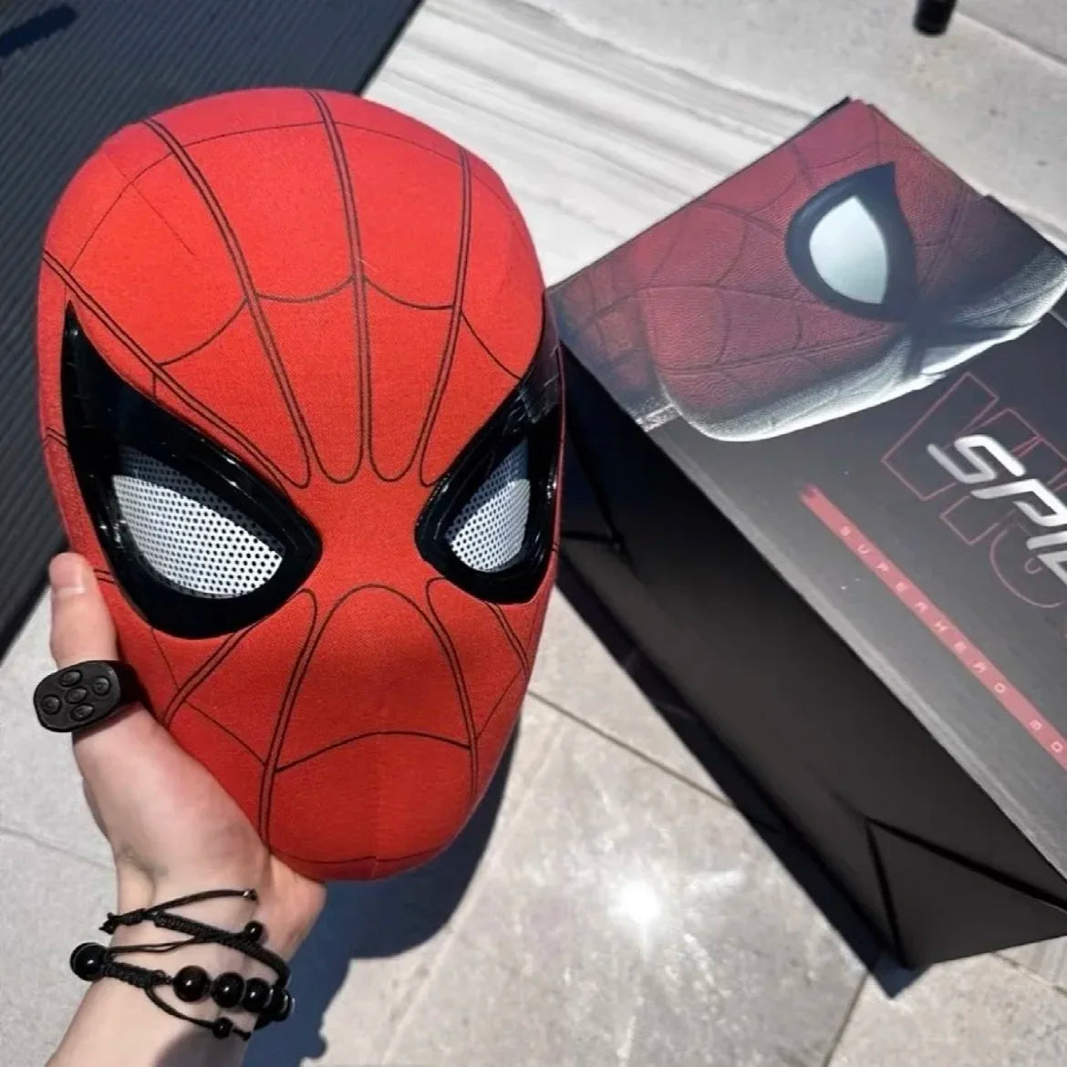 Interactive Spiderman Mask with Movable Eyes: Remote-Controlled Peter Parker Cosplay Halloween Mask – Premium Spandex Fabric for Authentic Look!