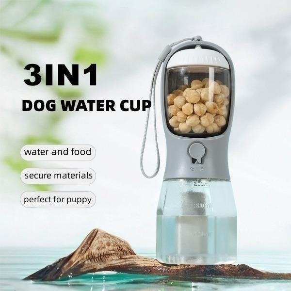 3-in-1 Portable Pet Travel Bottle – Water, Food & Waste Bag Cup