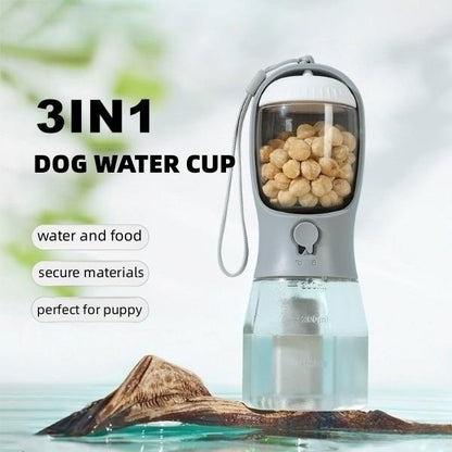 3-in-1 Portable Pet Travel Bottle – Water, Food & Waste Bag Cup